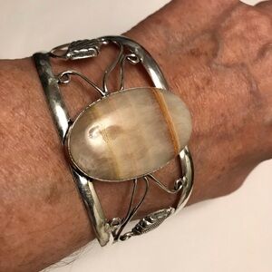 Orange Lace Calcite Stamped 925 Sterling Silver Cuff Bracelet